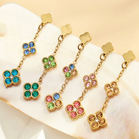 KITI Sprankelende Kleurrijke Klaver Oorbellen met Hangertjes 316 Roestvrij Staal PVD 18K Goud Gecoat Kubieke Zirkonia Ketting Sieraden voor Vrouwen