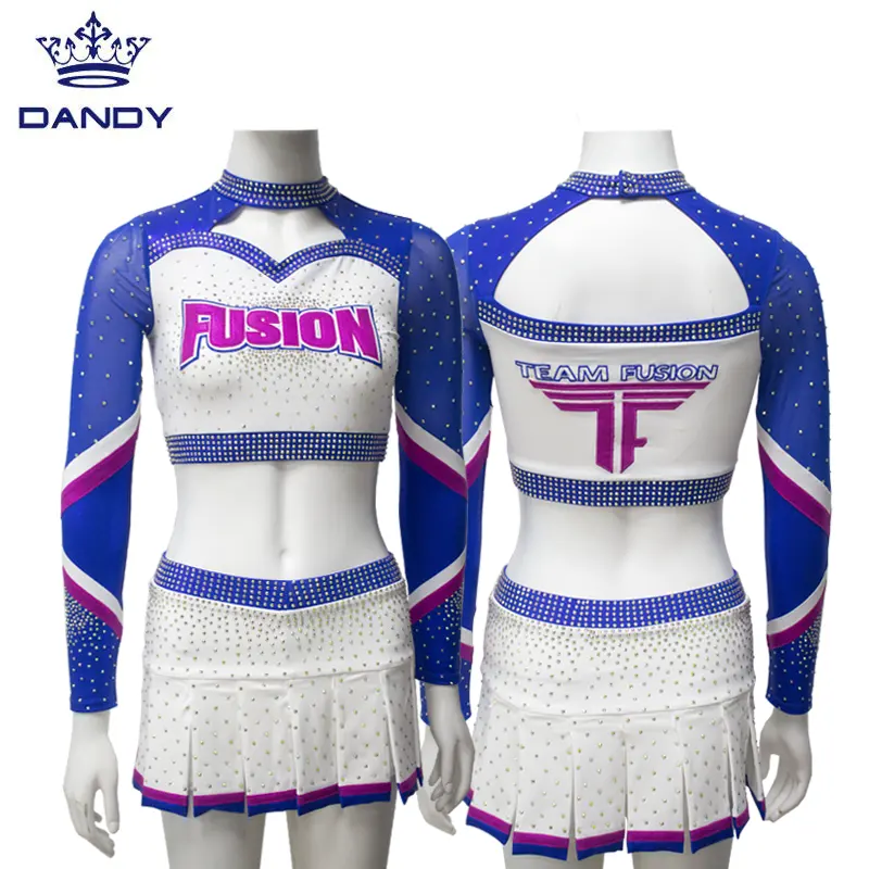 Dandy personalizado púrpura mujer rhinestone transferencia animadora uniforme sexy animadora traje de baile animadora uniformes