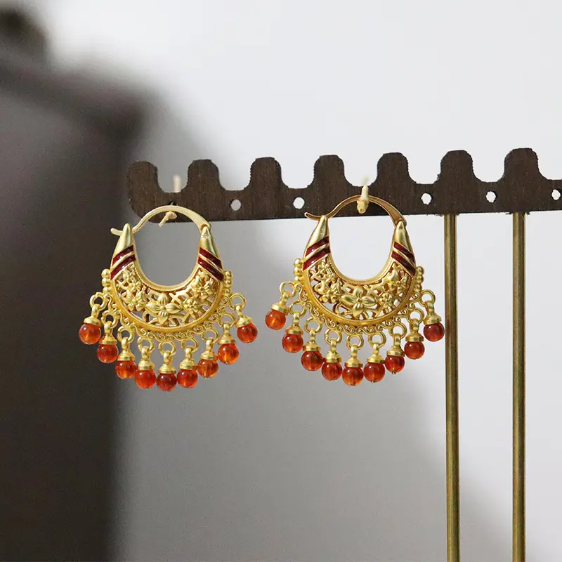 Fashion Vintage Red Beads Tassel Earrings Luxury Ethnic Style High Quality Antique Stud Earrings Jewelry