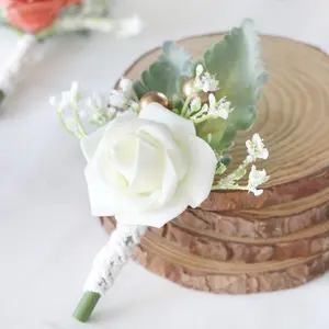 Mawar putih bunga pergelangan tangan pria korsase bunga pernikahan upacara Boutonniere gelang lubang kancing pergelangan tangan korsase