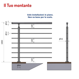 Fijación de acero inoxidable vertical redonda de 42,4mm con 7 agujeros 12,5mm Acabado satinado AISI 304 1,00 m Altura del suelo - Product Image 1