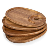 Plateau de service de collations personnalisé pour bar de fête, forme ovale miniature, bois d'acacia, plateau à apéritif, plateau à cocktails avec porte-verre à vin