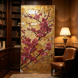 Quadro da Parete All'ingrosso con Fiori di Prugna, Pittura a Impasto Spesso, Sfondo Dorato, Decorazione per Ingresso, Pittura in Porcellana Cristallo con LED - Product Image 2