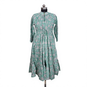 Indian Handmade Modern Eco-Friendly Breathable 100% Cotton Printed Midi A-Line <b>Tunic</b> Women <b>Beach</b> Party Wear Ethnic Gown Natural - Product Image 1