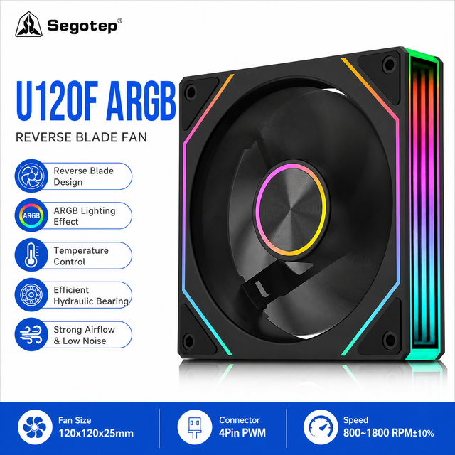 120mm ARGB Case Fan Segotep U120F Reverse Blade Temperature Control Obsidian Black TR EC Silent PC Cooling Fan Desktop Gaming