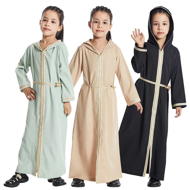 Roupas Muçulmanas Tradicionais eid Menina Fechado Abaya Vestido Cor Sólida Modesto Com Capuz longo Vestido Muçulmano Crianças Vestidos para meninas