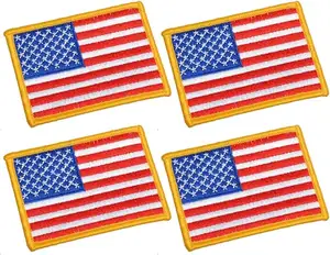 Large American Flag Embroidered Fabric Sewn-On Patches Pack 4 Gold Border Stick-On Backing Logo Decoration Clothes Plastic