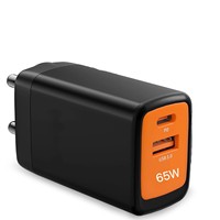 Chargeur GaN 65W avec prise EU, adaptateur de charge rapide PD + QC3.0 avec ports Type-C et USB-A, compatible avec les ordinateurs portables et les smartphones
