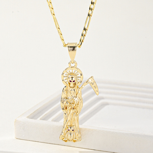 Collana Santa Muerte con Zirconi, Placcata <span class=keywords><strong>Oro</strong></span>, con Catena, Gioielli Religiosi per Donne - Product Image 4