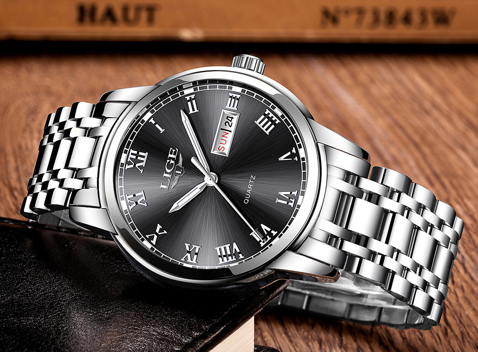 LIGE — montre-bracelet de luxe en acier inoxydable pour homme, étanche, en acier inoxydable, à Quartz, avec Date et heure, horloge