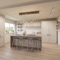 Solution complète pour la personnalisation de toute la maison : Cuisine en bois avec îlot en quartz et marbre, grand rangement, évier, robinet, panier et accessoires