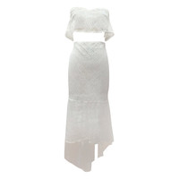 Robes en dentelle blanche pour femmes-Ensemble d'été en dentelle mince sans bretelles, dos nu, robes crayon irrégulières-Robe sexy à épaules dénudées