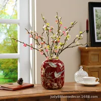 Nouveau vase en céramique de style chinois, motif floral d'oiseaux, couleur rouge, pour la décoration de la maison, du salon, culture aquatique, fleurs