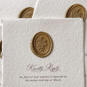 Handmade Deckled Edge Wedding Invitation Card With Gold <b>Wax</b> <b>Seal</b> And Green Ribbon Elegant Offset Printing RSVP - Product Image 3