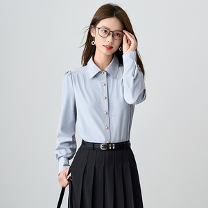Women's Light Blue Long Sleeve Shirt Solid Color Polyester Poplin Office Wear Formal Blouse - Product Image 4