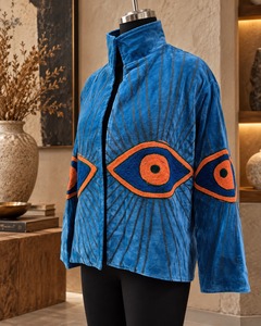 Blue <b>Velvet</b> Suzani Embroidered <b>Jacket</b> for Women Luxury Floral Ethnic <b>Jacket</b> Open Front Designer Winter Fashion Party Wear - Product Image 3