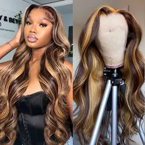 13X4 Hd Lace Front 180% Density Light Brown Highlight Wigs Cheap 100% Highlight Brown 28 Inch Human Hair Wig For Black Women