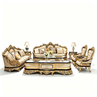 Ensemble de canapés de style européen luxueux, canapé en bois sculpté plaqué or de couleur crème, table basse, tailles personnalisées disponibles