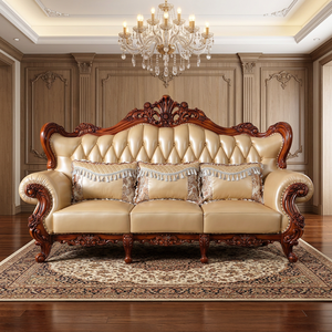 Juego de Sofás de Cuero y Madera Maciza Europea, Estilo Americano Campestre, Muebles de Lujo para Villa, Hotel, Sala de Estar, Combinación de Sofás 123 - Product Image 1