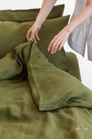 Vert olive 100% lin OEKO-TEX certifié housse de couette ensemble reine/roi taille doux délavé à la pierre couture boutons de literie personnalisés
