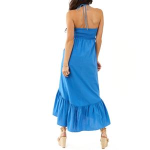 Nouvelle Arrivée Robe Longue Femme Style Vacances Sans Bretelles Col Halter Froncée à la Poitrine Ourlet Asymétrique Volants avec Poches pour l'Été - Product Image 4