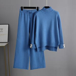 PASUXI Set Invernale da Donna con Maglione a Collo Alto Plissettato e Pantaloni a Gamba Larga, Completo Caldo in Maglia, <span class=keywords><strong>Outfit</strong></span> Casual - Product Image 4