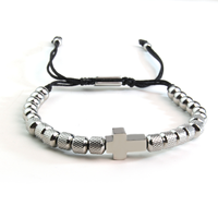 Bracelet extensible réglable en acier inoxydable avec perles cubiques texturées diamant et croix, couleurs Or, Noir, Argent, pour hommes religieux, vente en gros