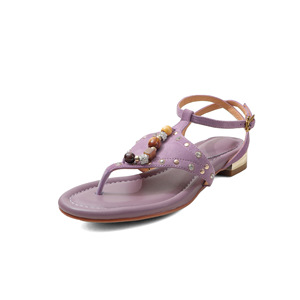 Sandales à lanières en peau de mouton avec perles ethniques et rivets pour femme, bout rond, talon carré bas, style plage, collection 2026 - Product Image 6