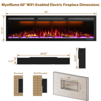 Cheminée électrique décorative murale encastrée de 60 pouces avec Wifi et commande vocale par Alexa et Google Home Intérieur à vendre