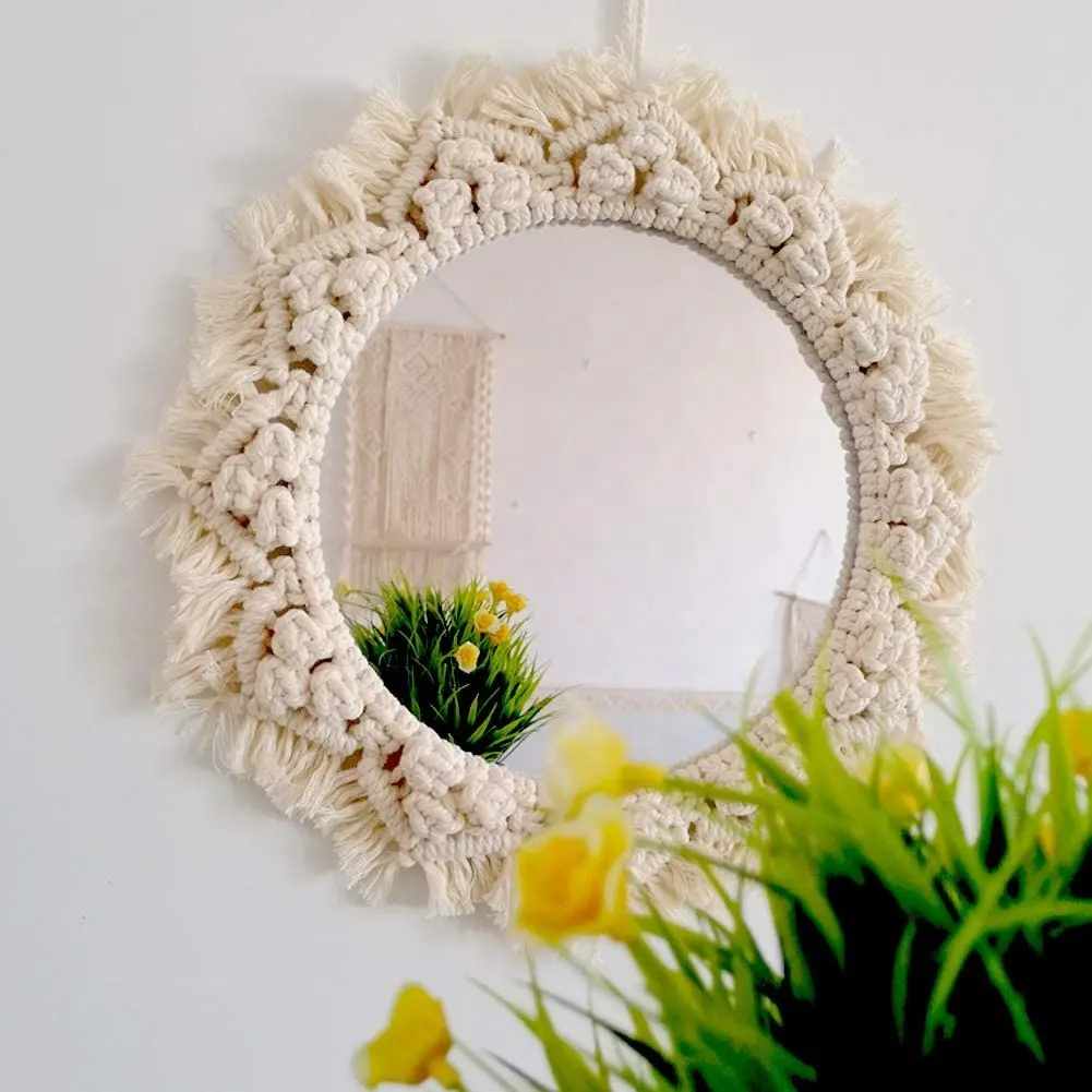 Bohemian Handmade Macrame Mirror Hanging Wall with Fringe Antique Mirror Wall Art Decor For Living Room Bedroom