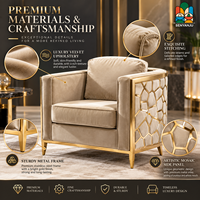 Fauteuil d'appoint en velours de luxe avec panneau latéral en métal doré et pieds coniques, décoration moderne pour salon