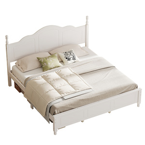 Solid Wood <b>Double</b> <b>Bed</b> <b>White</b> Platform <b>Bed</b> With Curved Headboard And Cylindrical Legs Durable Furniture For Adults Children - Product Image 3