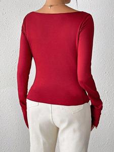 Omuzları Açık V Yaka Dikişli Uzun Kollu Dar Kesim Crop Top Kadın Günlük Y2K Bluz - Product Image 2