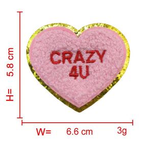 Stock 6.6cm <b>Iron</b> on Chenille Embroidered Gold Glitter Edge Heart With Words Valentine Patch for Hat Bag Decoration - Product Image 3