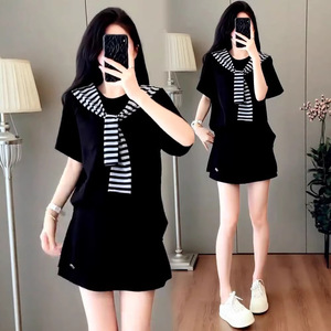 Korean Style Preppy Skirt Set For Women Short Sleeve T Shirt And Shawl Three Piece Set Black Gray Polyester Casual Wear - Product Image 1