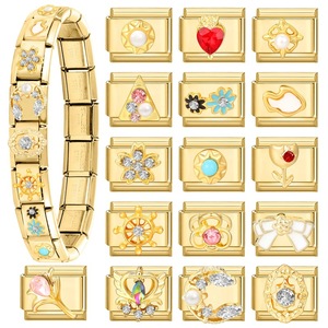 HP258 Bracelet DIY à modules italiens en acier inoxydable avec <span class=keywords><strong>base</strong></span> dorée, élément nuage blanche, fleur et breloque cœur, style 'Love' - Product Image 1