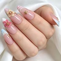 Faux Ongles à Presser Personnalisés en Gros, Prêts à l'emploi, Motif Fleur 3D Étoile de Mer, Amande, Perles Dorées, Rose Gelée