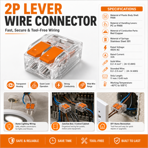 Conector de Alambre de Cobre de 2 Pines y Palanca, 32A 450V, <span class=keywords><strong>Conexión</strong></span> Rápida para Bloque de Terminales, para Empalme de Cable Eléctrico de 0.2-4mm2 - Product Image 1