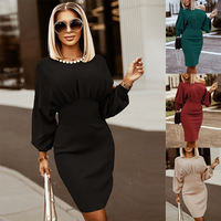 Robe en tricot pour femme à manches lanternes, coupe ajustée, manches chauve-souris, longue, mi-longue, pour le quotidien et le bureau, qualité export standard