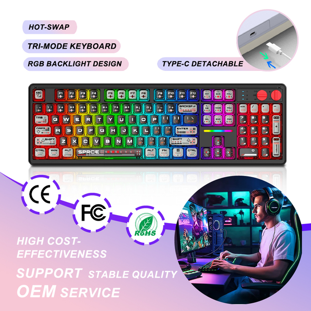 E-YOOSO 104-key Tri-mode Mechanical Gaming Keyboard with RGB Backlighting, Hot-swappable Multimedia Function Keys.