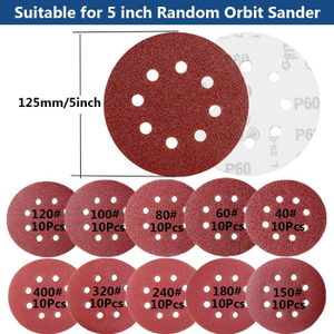 Disques de ponçage à crochet et boucle de 5 pouces/125mm 40 à 240 Papier de verre rond à grain assorti Disque de papier de ponçage orbital Polissage en céramique - Product Image 2