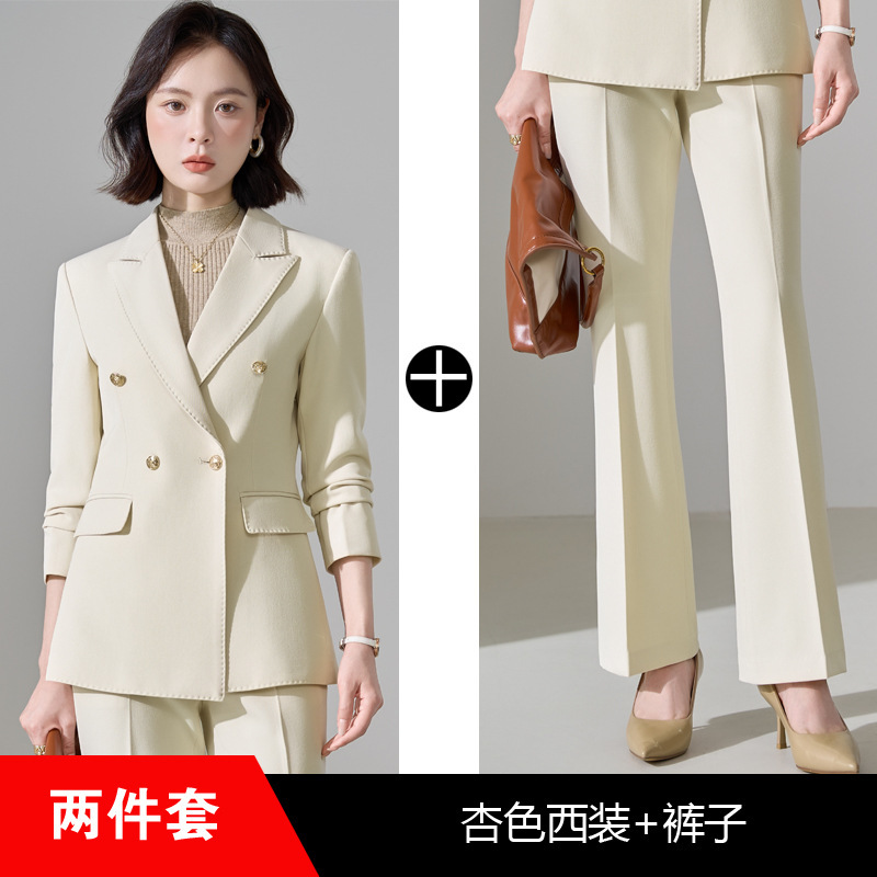 apricot-colored suit with slightly flared trousers