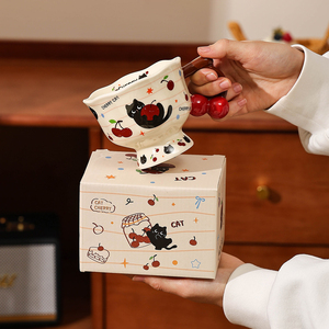 Adorable Taza de Cerámica Resistente con Estampado de Gatitos y Cerezas, Taza Reutilizable de Porcelana para Beber, Ideal para el Hogar, Hotel, Oficina, Regalo - Product Image 3
