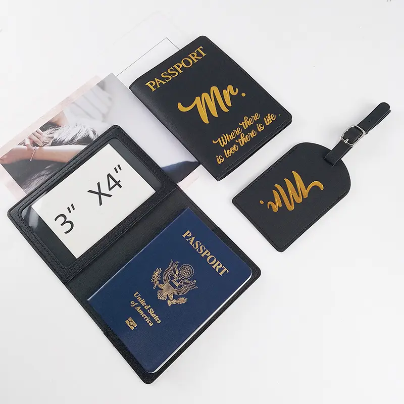 Nuovo stile nero bianco coppia etichetta per bagagli e passaporto con Logo stampato in oro per regalo di nozze