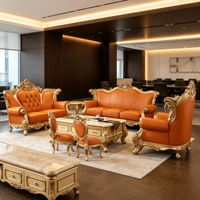 Ensemble de canapés et fauteuils en cuir pour salon, avec accoudoirs sculptés et sièges rembourrés