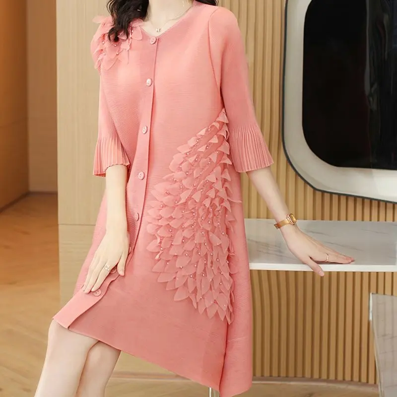 Autumn 2022 New Pleated Casual Women's 3D Flower Decorative Cardigan Pink Plus Size Dress