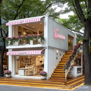 Café-restaurant moderne en conteneur avec fleurs roses et auvent, espace repas extérieur, design rectangulaire. - Product Image 3