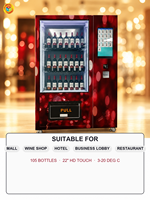 Distributeur automatique de vin rouge, écran tactile HD 22 pouces, 105 bouteilles, température contrôlée 3-20°C, paiement par carte et QR, usage commercial