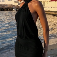 Robe noire élégante pour femme, sexy, dos nu, à fines bretelles, froncée en mousseline, pour soirée, club, vacances, sortie nocturne, rendez-vous galant estival