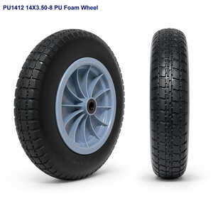 ล้อรถเข็น PU1412 ขนาด 14x3.50-8 แบบไม่ต้องเติมลม ขนาด 14 นิ้ว สีดำ ยางโฟม PU ขอบพลาสติกสีเทา ลูกปืน สำหรับรถเข็นสวน รถเข็นมือ - Product Image 1